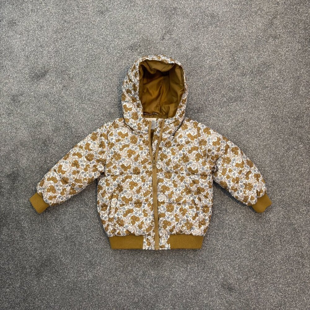Rylee + Cru white with gold, blue and tan flowers hooded puffer coat